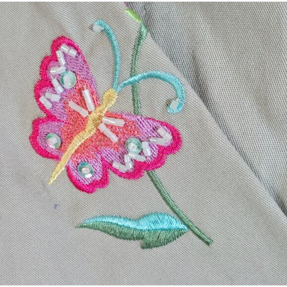 Butterfly Embroidered Khaki Zip-Up Jacket Long Sleeve Floral Design (see pic's) - Picture 8 of 12